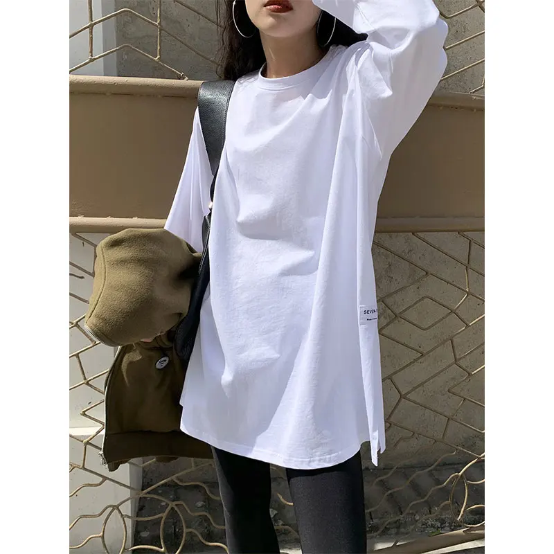 

Autumn White Black Tops Women Korean Appliques Split Cotton T-shirt Female Long Sleeve Casual Loose Basic Shirt S-XL