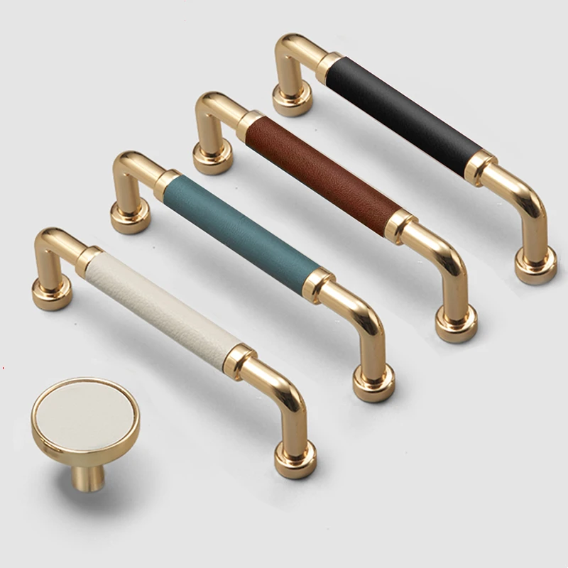 

Luxury Golden Leather Cabinet Pulls Modern Simple High-end Shoe Cabinet Drawer Wardrobe Door Handle Handmade Leather Pulls