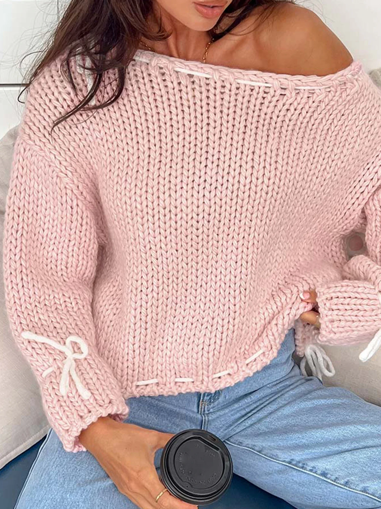 Женские осенние пуловеры свитера свободные с кулиской вязаный свитер милая