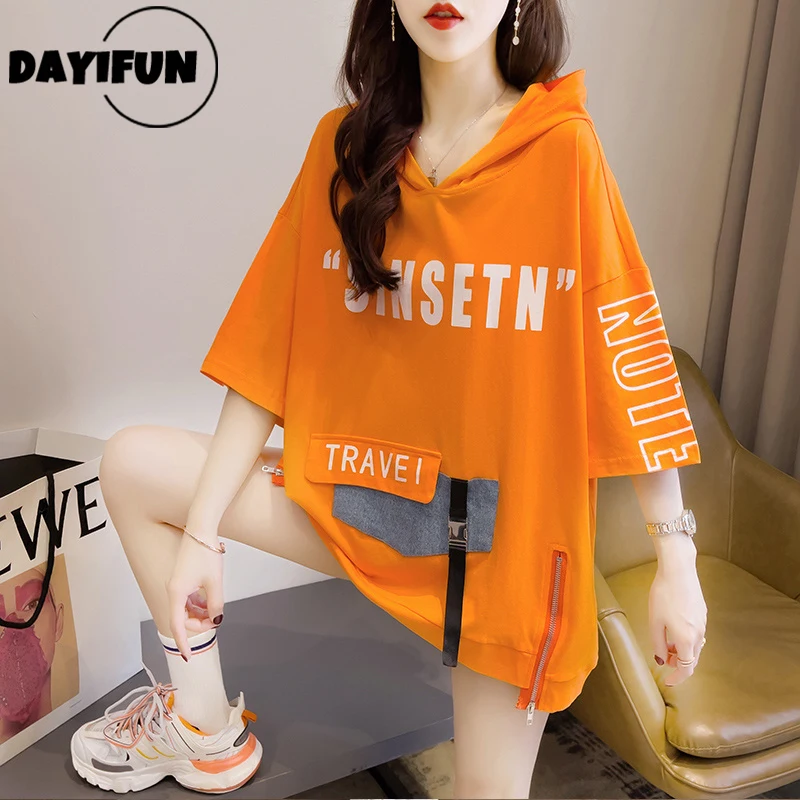 

DAYIFUN Black White Yellow Letters Printed Long T Shirts Women Cotton Summer Hooded T-shirts Female Loose Hip Hop Tee Shirt