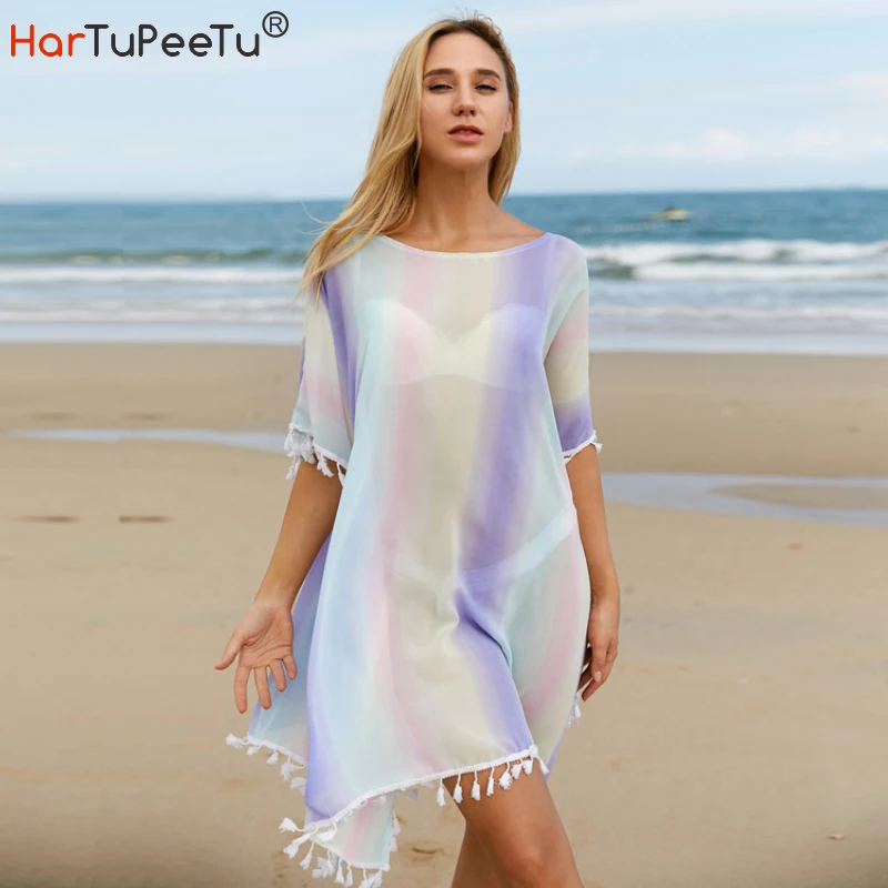 

Tie-dye Bikini Cover Ups Women Loose Beach Dress Wholesale Rainbow Pullover Tops Batwing Sleeve Beachwear Vestido Mujer
