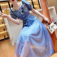 elegant denim suit for women 2022 summer new off shoulder puff short sleeve high waisted gauzy skirts two piece set outfits