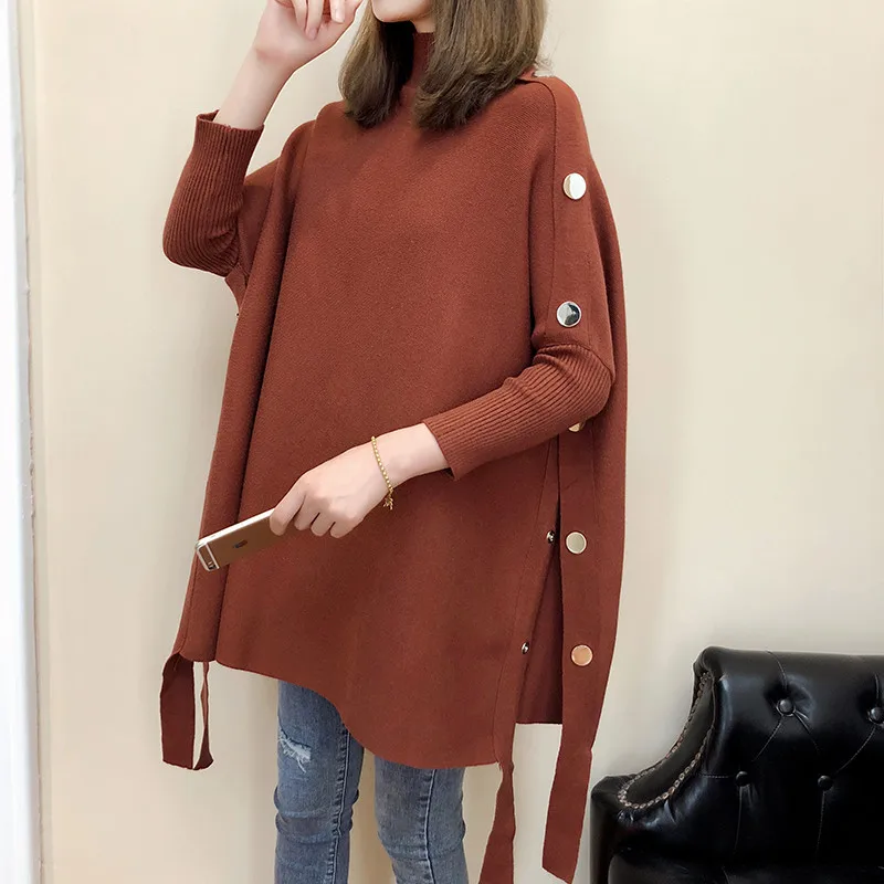 

ZJZLL Fashion Buckle Split Poncho Cape Coat for Women Autumn Winter New Lace-up Loose Knitted Batwing Sleeve Turtleneck Sweater