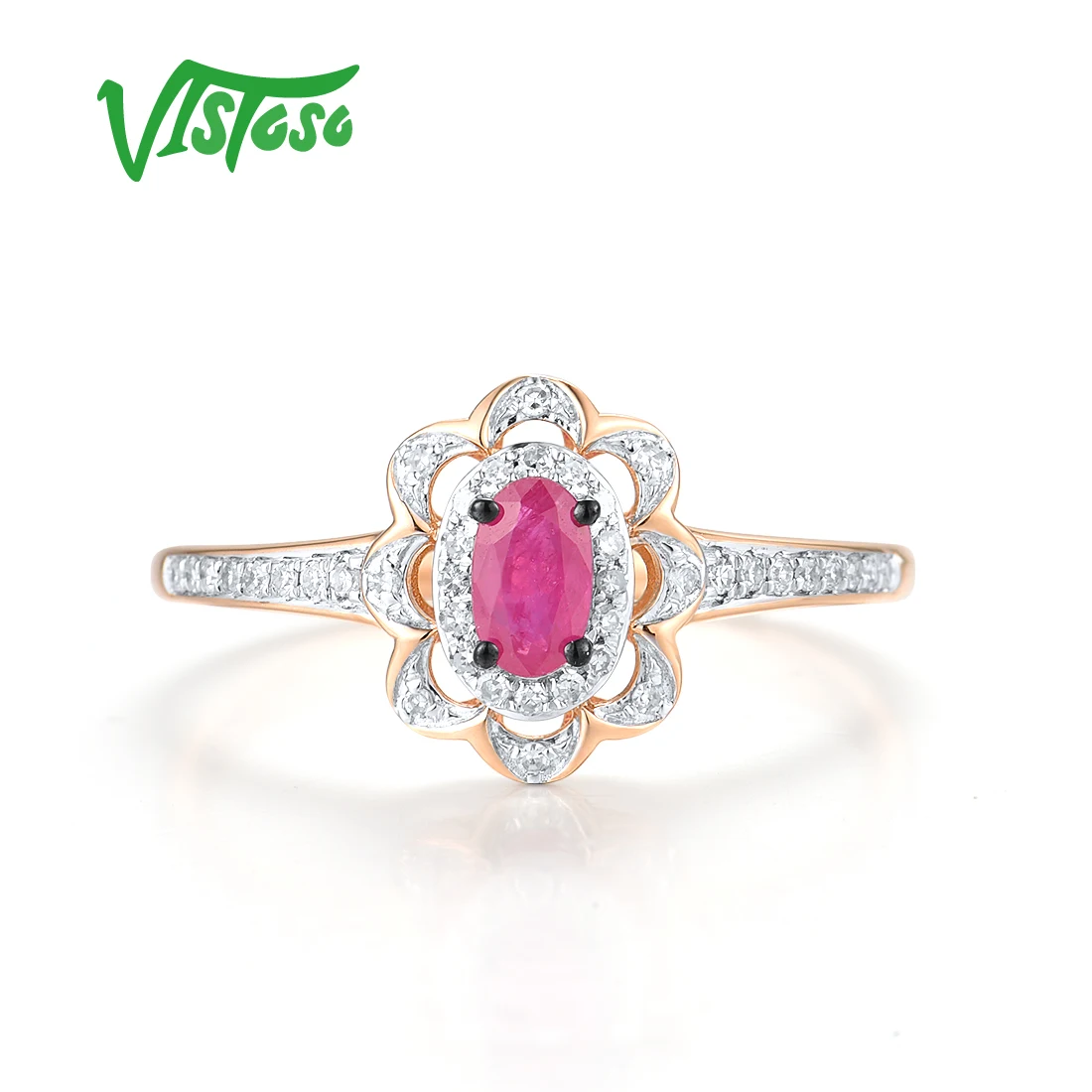 VISTOSO Prawdziwy pierścionek z różowego złota 14K 5885 dla kobiet Błyszczące diamenty Rubinowe fantazyjne rocznice ślubu Luksusowe prezenty