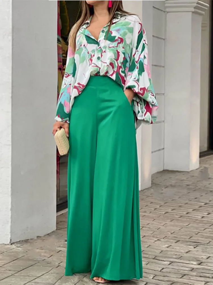 

Two Piece Outfits Clothes Women Spring Polo Collar Printed Blouse and Wide Leg Pants Suit Female Loose Sets Elegant Office Lady