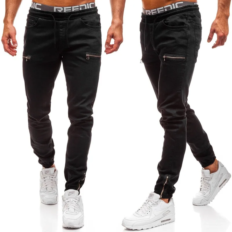 Men Jeans Spring and Summer Solid Color Slim-Fit Zipper Sports Jeans Men's Casual Lace-up Mid-Waist Denim Pencil Pants Trousers