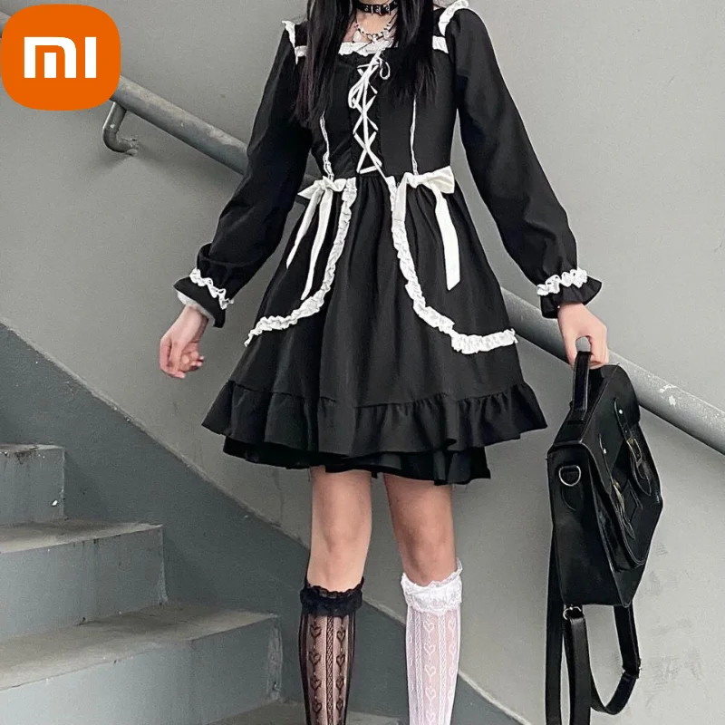 

Женское платье Лолита Xiaomi, черное Бандажное мини-платье с бантом, женское готическое кружевное лоскутное платье с квадратным вырезом и длин...