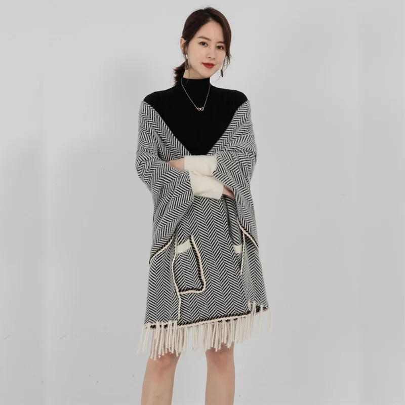 Вязаный свитер для женщин шаль модный кардиган с карманами и кисточками накидка