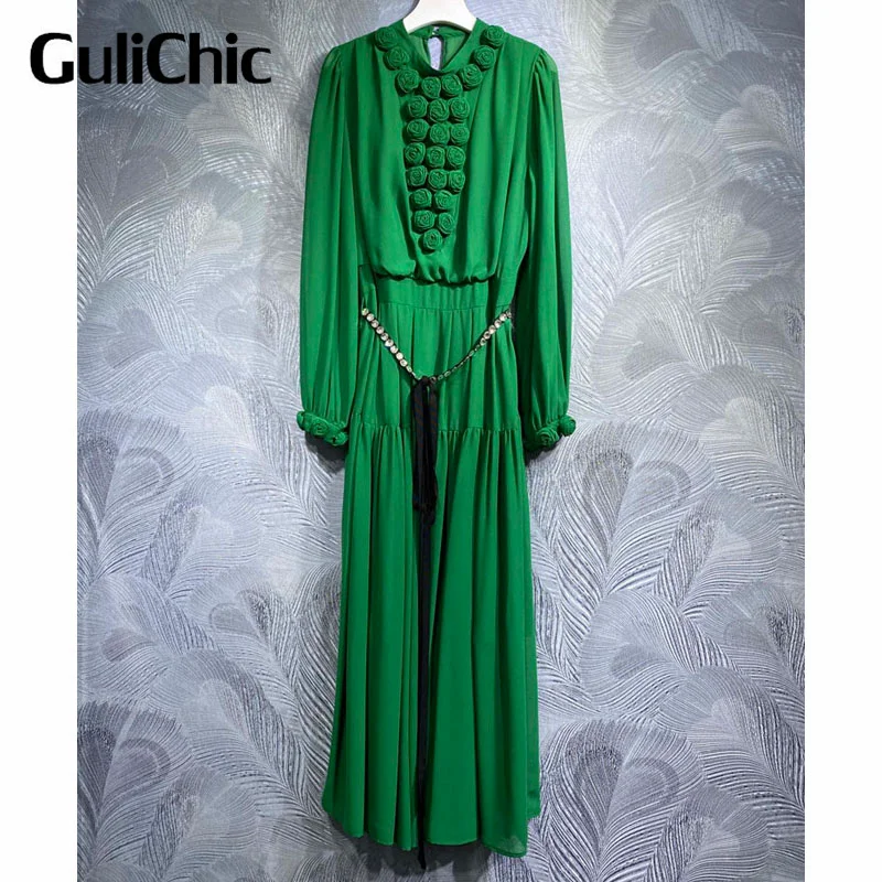 

5.18 GuliChic High Quality Fashion Handmade Flower Decoration With Crystal Belt Stand Collar Long Sleeve Green Long Dress Women