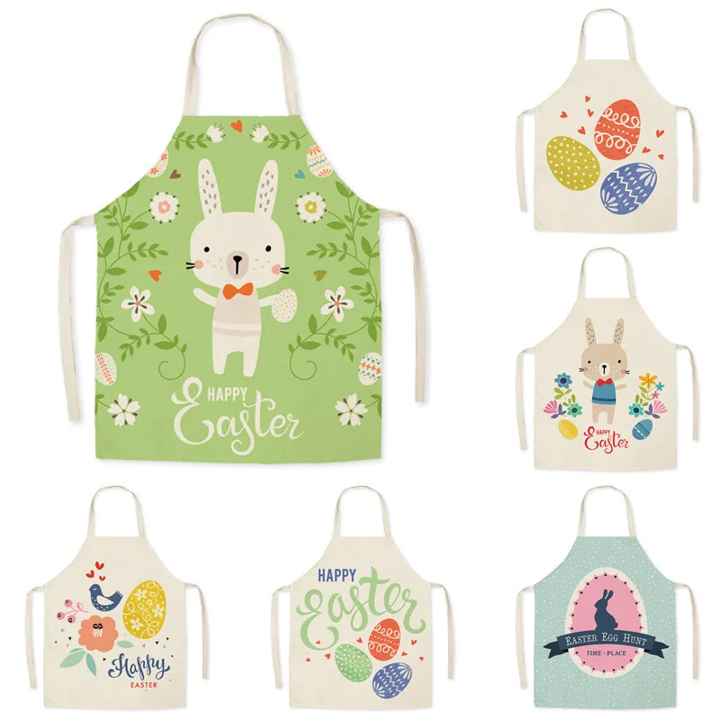 

Cute Easter Bunny Printed Kitchen Apron for Adult Kid Cotton Linen Aprons Home Cooking Baking Waist Bib Pinafore Cleaning Tools