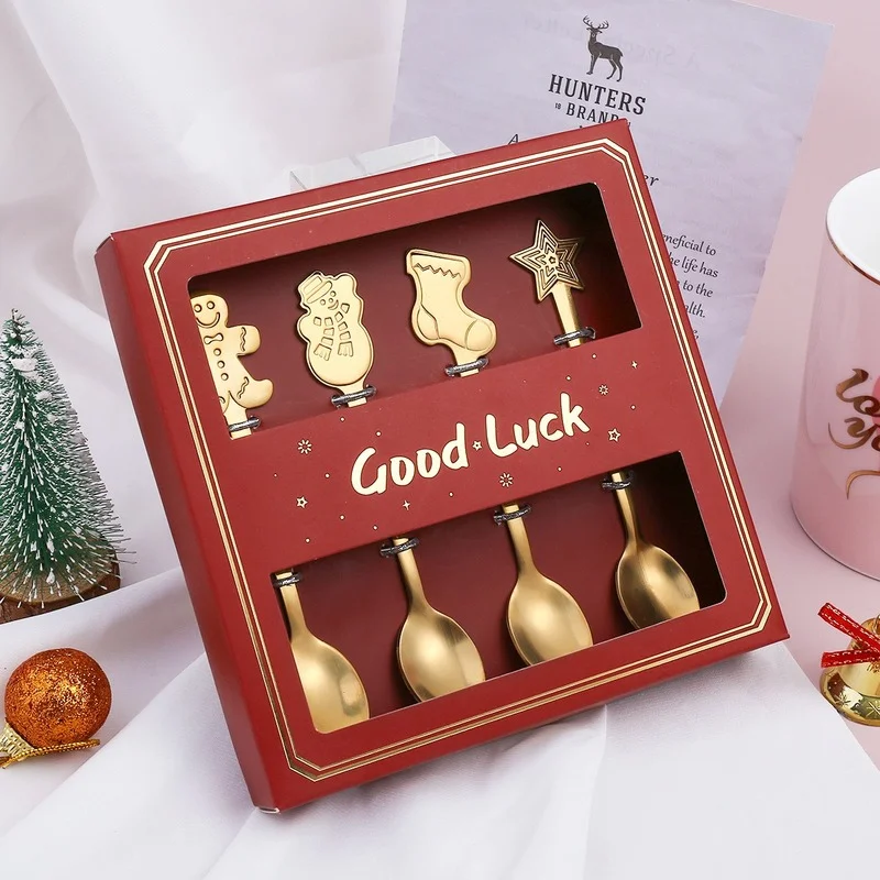 

1/2/4Pcs Christmas Spoon Box Set Snowman Star Gingerbread Man Stainless Steel Spoon Golden Silver Xmas Party Dinnerware Set Gift