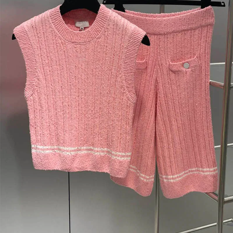 

22 Summer Runway Design Pink Knitted Shorts Set Women Fashion Sleeveless Slim Pullovers Crop Top Vest Elastic High Waist Shorts
