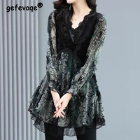 elegant vintage ruffled print chiffon shirt woman 2022 spring lace velvet patchwork loose oversize blouse casual female clothing