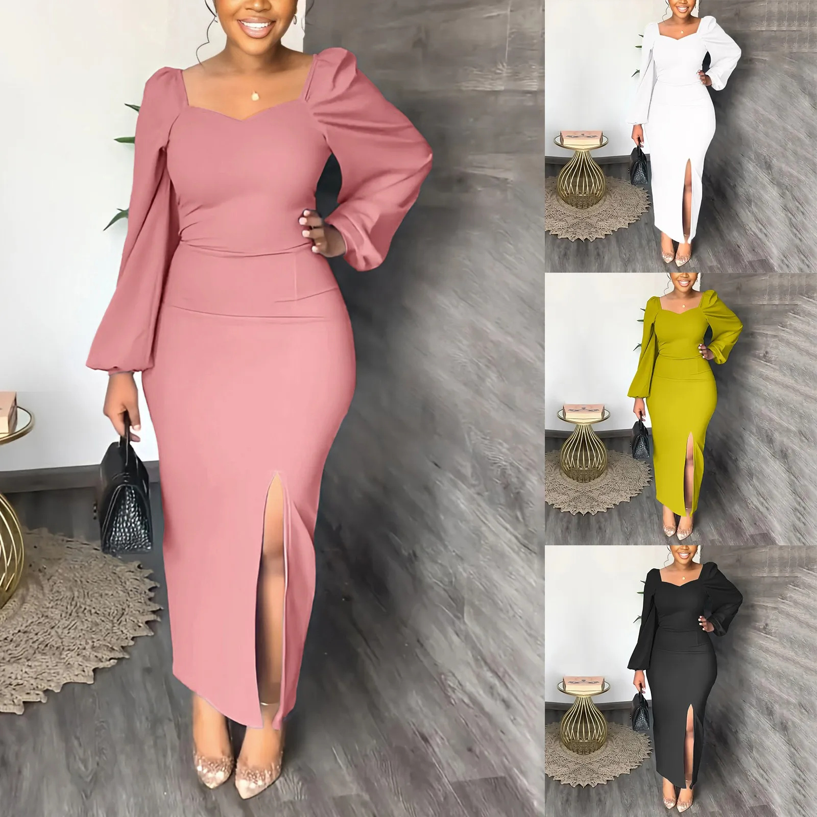 

Women'S Autumn And Winter Solid Color Long Sleeved U Neck Open Hip Sexy Dress Short Masquerade Dress