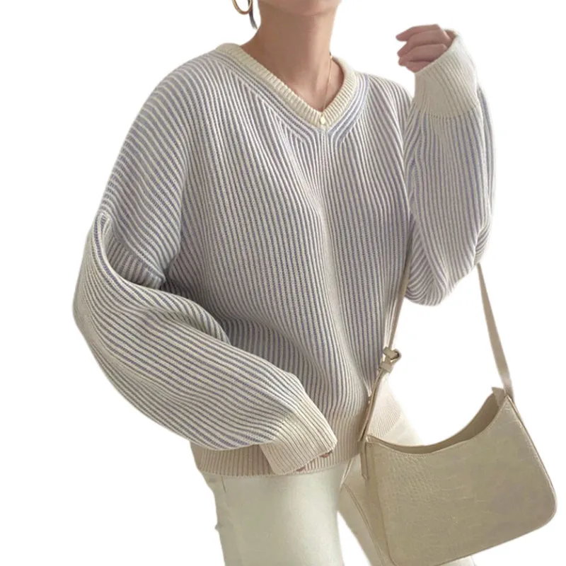 

Autumn French Retro V-neck Puff Sleeves Striped Design Casual All-match Short Knitted Sweater Women