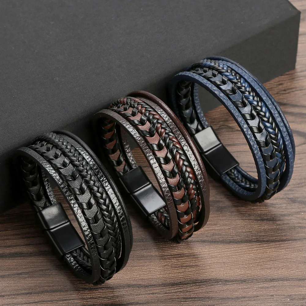 

Fashion Braided Rope Woven Multilayer Leather Men Bracelets Punk Stainless Steel Bangle for Friend Charm Jewelry Gifts