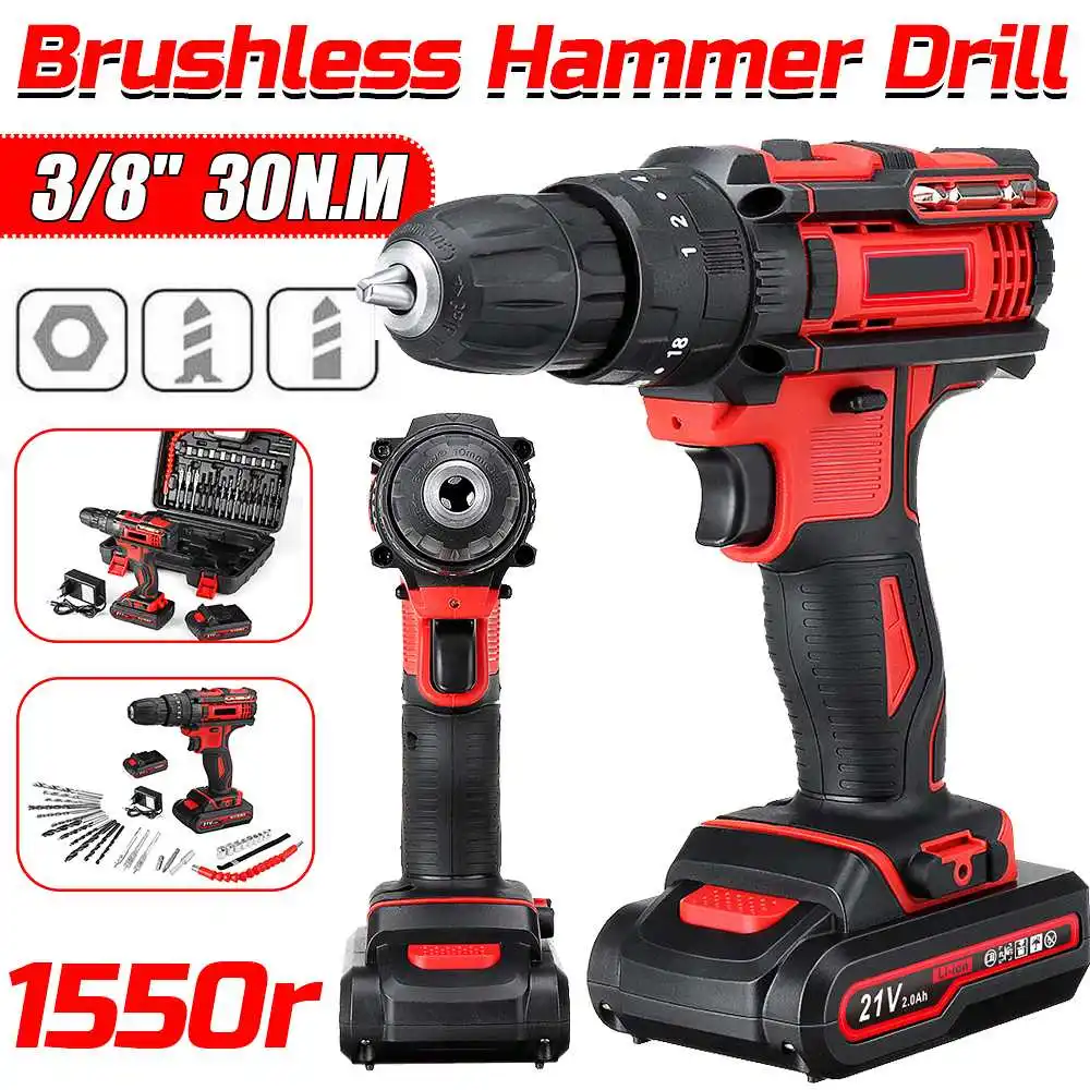 

21V Cordless Electric Screwdriver Hammer Drill 18+3 Torque Cordless Impact Drill Wireless Power Driver DC Lithium-Ion Battery