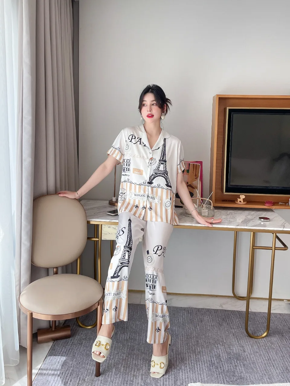 [Women's pajamas] [high-quality]Summer New Cartoon Pajamas Women's INS Ice Home Fur Short Sleeve Long Pants Set Net Red Style