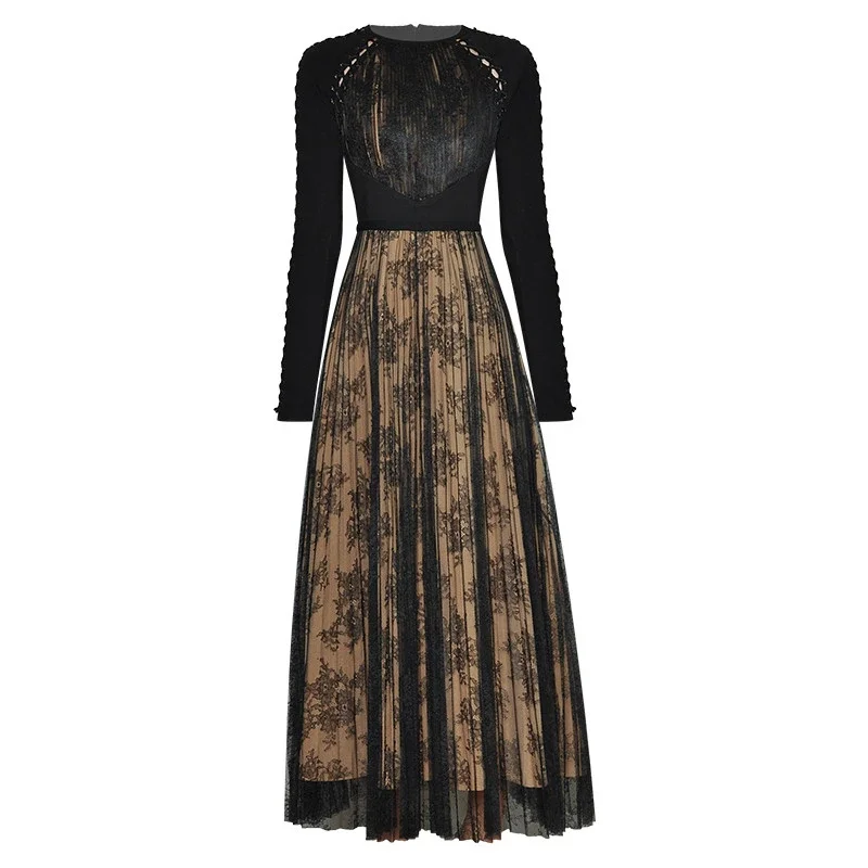 Fashion Designer Winter Spring Women O-neck Long Sleeve Patchwork Lace Pleated Vintage Black Party Dresses