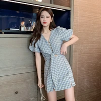 2022 summer womens sweet plaid skirt suit fashion casual lace up short sleeve slim v neck top short skirt two piece set