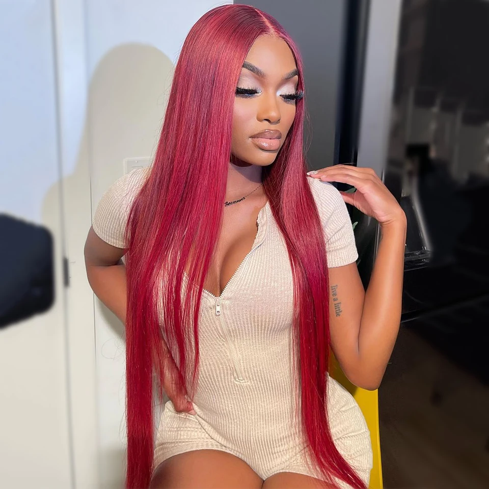 Фото Ombre Red Colored Straight 13x4x1 Lace Part Human Hair Wigs Clearance Sale For Women 180 Density Transparent Lace Do Middle Part №3