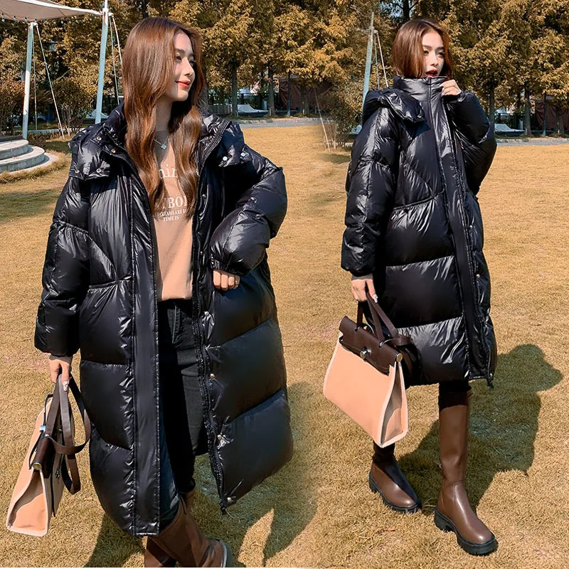 Winter Jacket Women Down Coat Long Jackets Large 90% White Duck Loose Quilt Model Bright Black Warm Hooded Coats Thicken Topcoat