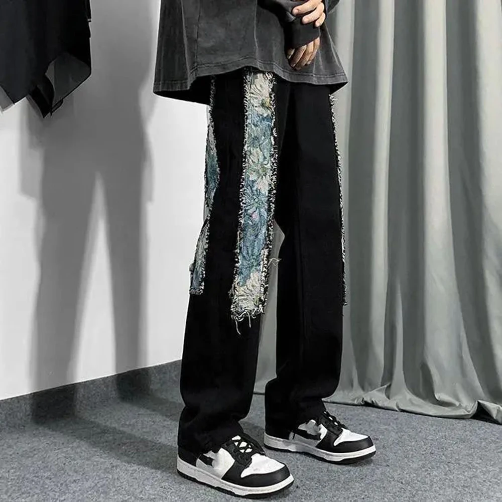 European and American High Street Vibe Jeans Mens New High-quality Patch Stitching Denim Trousers Y2k Niche Loose Straight Pants