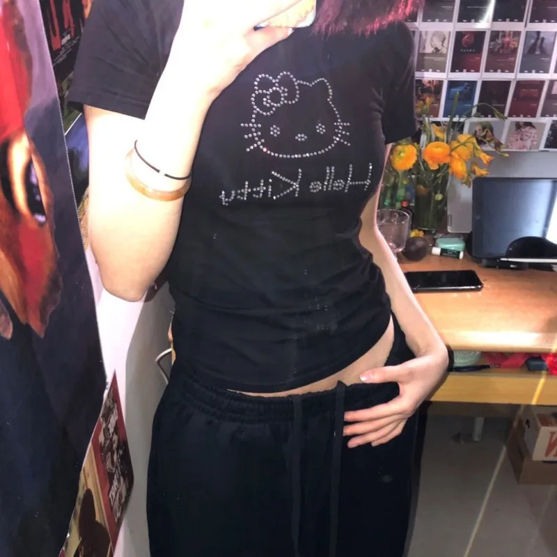 Miniso Горячие бриллианты HelloKitty милые майки мультфильм Kitty Cat печатные Y2k