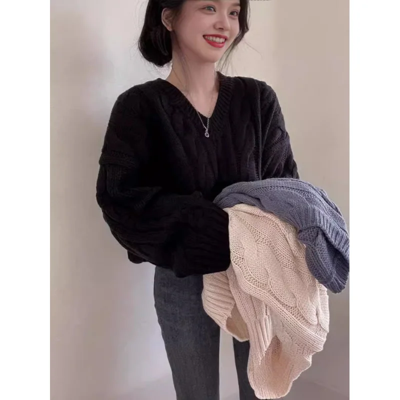 Пуловер с v-образным вырезом в стиле ретро свитер длинными рукавами женский