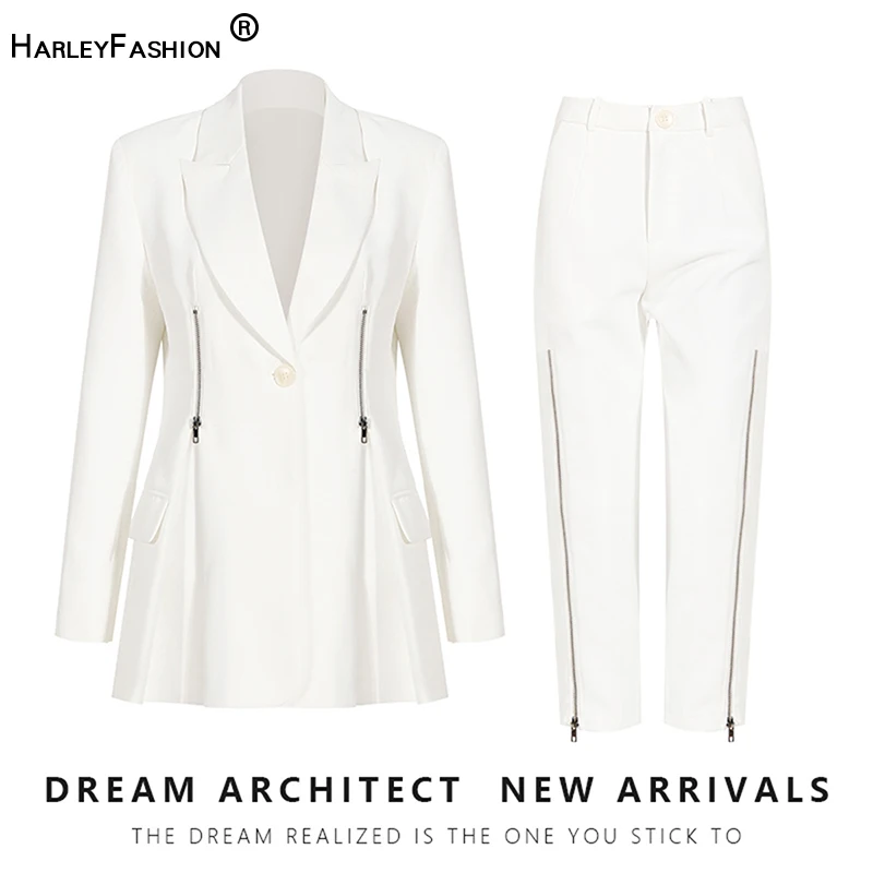 

Women Street Jacket Sets Quality Zipper Split White Pants Suit Blazer and Trouser Set
