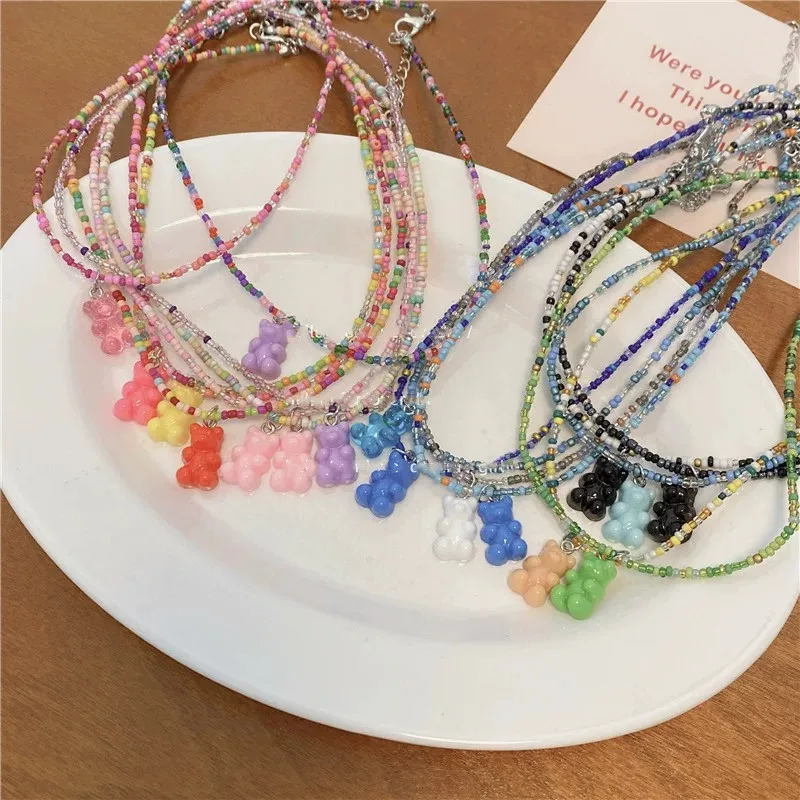 

Vintage Korean Creative Handmade Colorful Beads Beaded Choker For Women Lovely Jelly Color Bear Pendant Necklace Fashion Jewelry