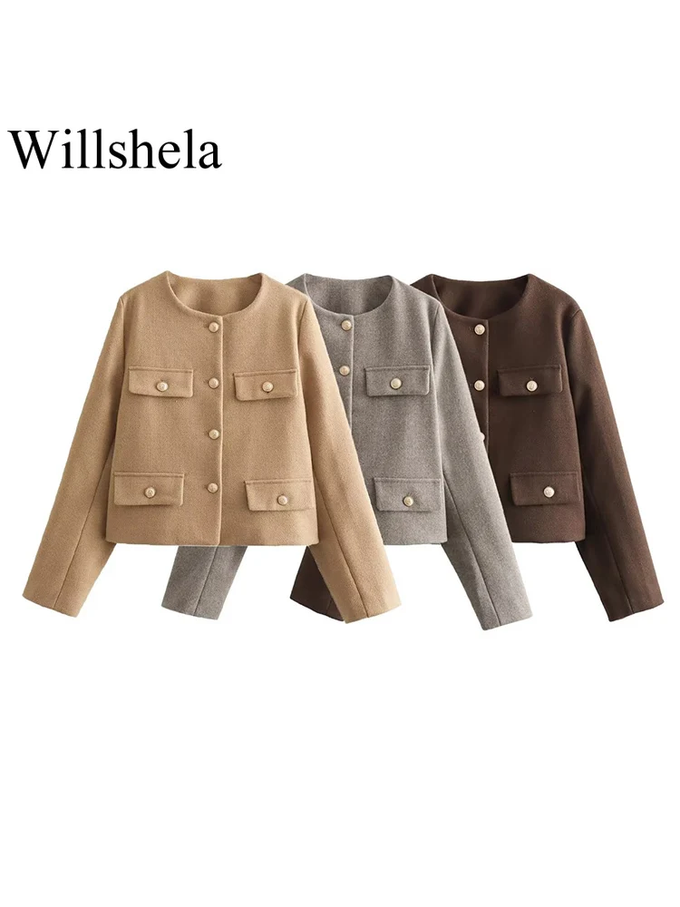 

Willshela Женская мода с карманами однотонные однобортные куртки винтажные с О-образным вырезом Длинные рукава женские шикарные наряды
