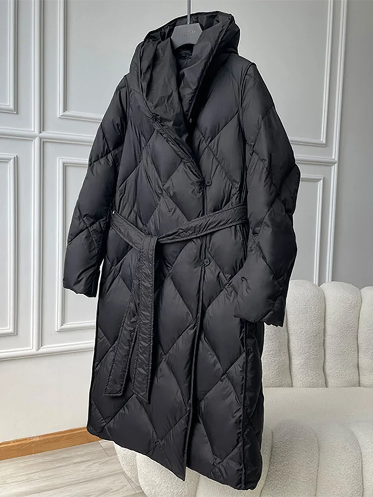 

Женская парка с капюшоном, длинная теплая куртка-пуховик на белом утином пуху, с поясом, зима 2023