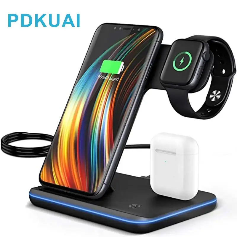 

Беспроводное зарядное устройство 3 в 1, 15 Вт, подставка, док-станция для быстрой зарядки для AirPods Pro Apple Watch 8 7 6 SE 5 iPhone 14 13 12 11 XS X 8