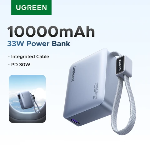 Внешний аккумулятор UGREEN Mini 33W 10000 мАч со встроенным кабелем Type-C, зарядное устройство PD 30W, совместимое с Xiaomi 33W