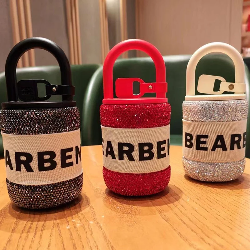 

300ML Sparkling Diamond Stainless Steel Insulating Cup Lock Shaped Water Bottle Portable Vacuum Flasks Roller Travel Coffee Mug
