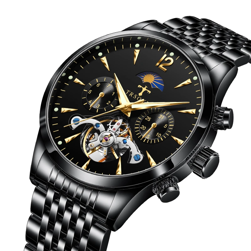 

Полностью черные часы с автоматическим механическим роскошным золотым ремешком лучшего качества со стальным ремешком модный бренд Trsoye 816