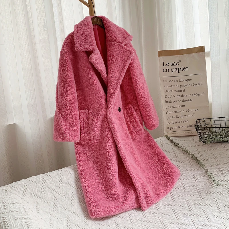 Pink Teddy Bear Long Coats Women 2021 Winter Thick Warm Oversized Chunky Outerwear Faux Lambswool Fur Coats Solid High Street
