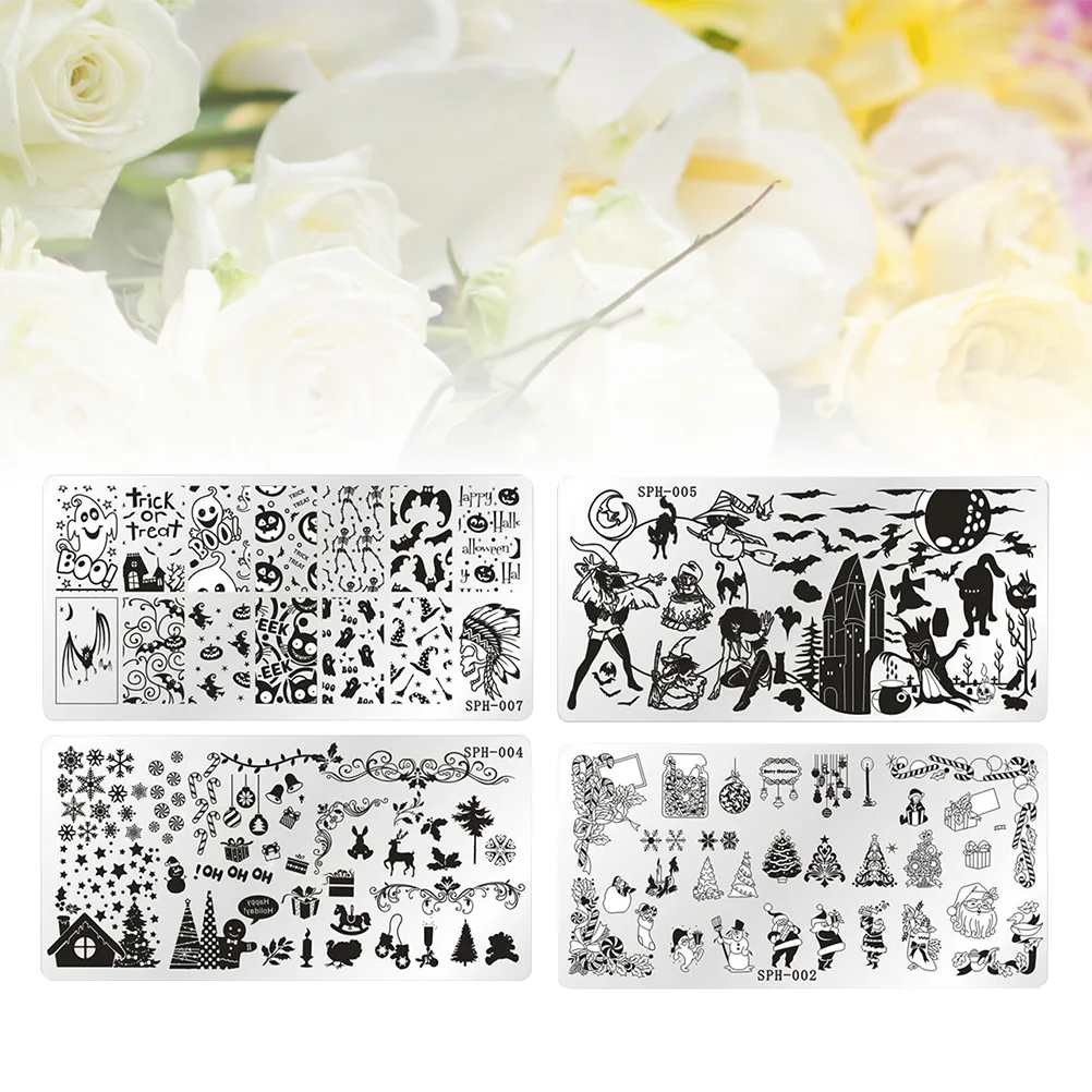 

4pcs Halloween Christmas Nail Stamping Kits Manicure Nail Stamping Plate Nail Templates