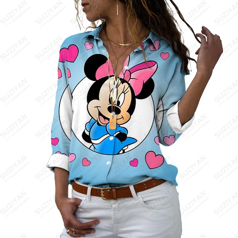 

Blouse Cartoon For Women Disney Plus Size Long Sleeve Shirt Fashion Lapel Button Mickey Cardigan Casual Women's Loose Top
