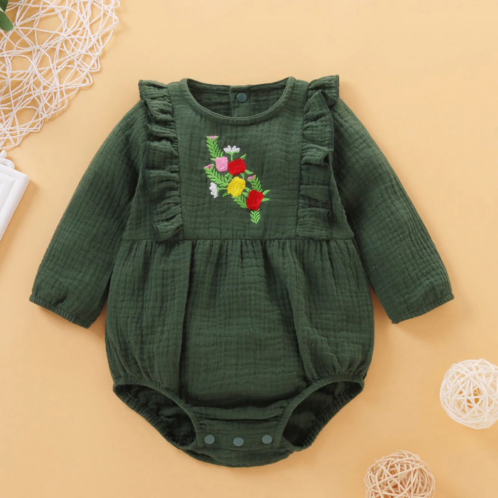 

3 6 9 12M Spring Autumn Baby Girls Clothes Long Sleeve Flower Embroidery Cotton Linen Romper Infant Outfits Fall Girl Clothing