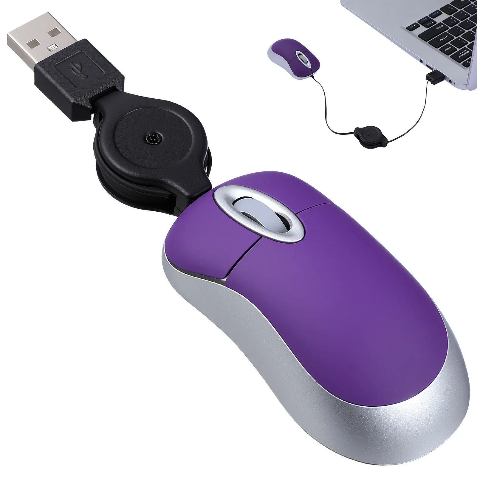 Фото Портативная мини-мышь USB, телескопическая, фиолетовая, оптическая, 1000DPI, бесшумная, проводная, для компьютера, ноутбука, офиса, дома и работы №5