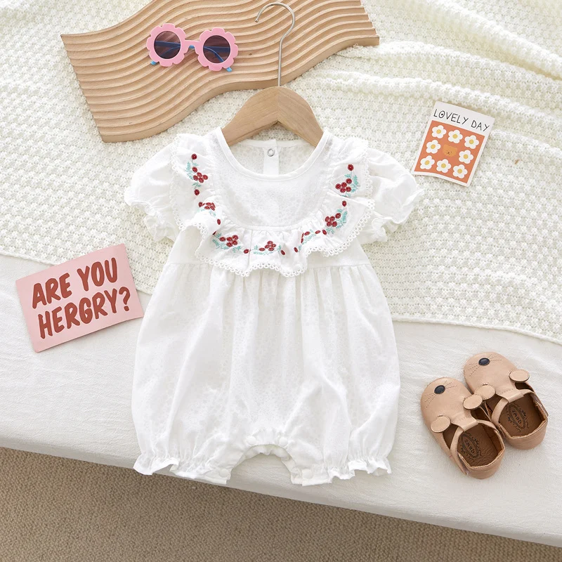 Baby Girl Clothes Summer Onesies Newborn 2023 Summer Rompers Infants Climbing Clothes White Embroidery Short Sleeve Jumpsuit