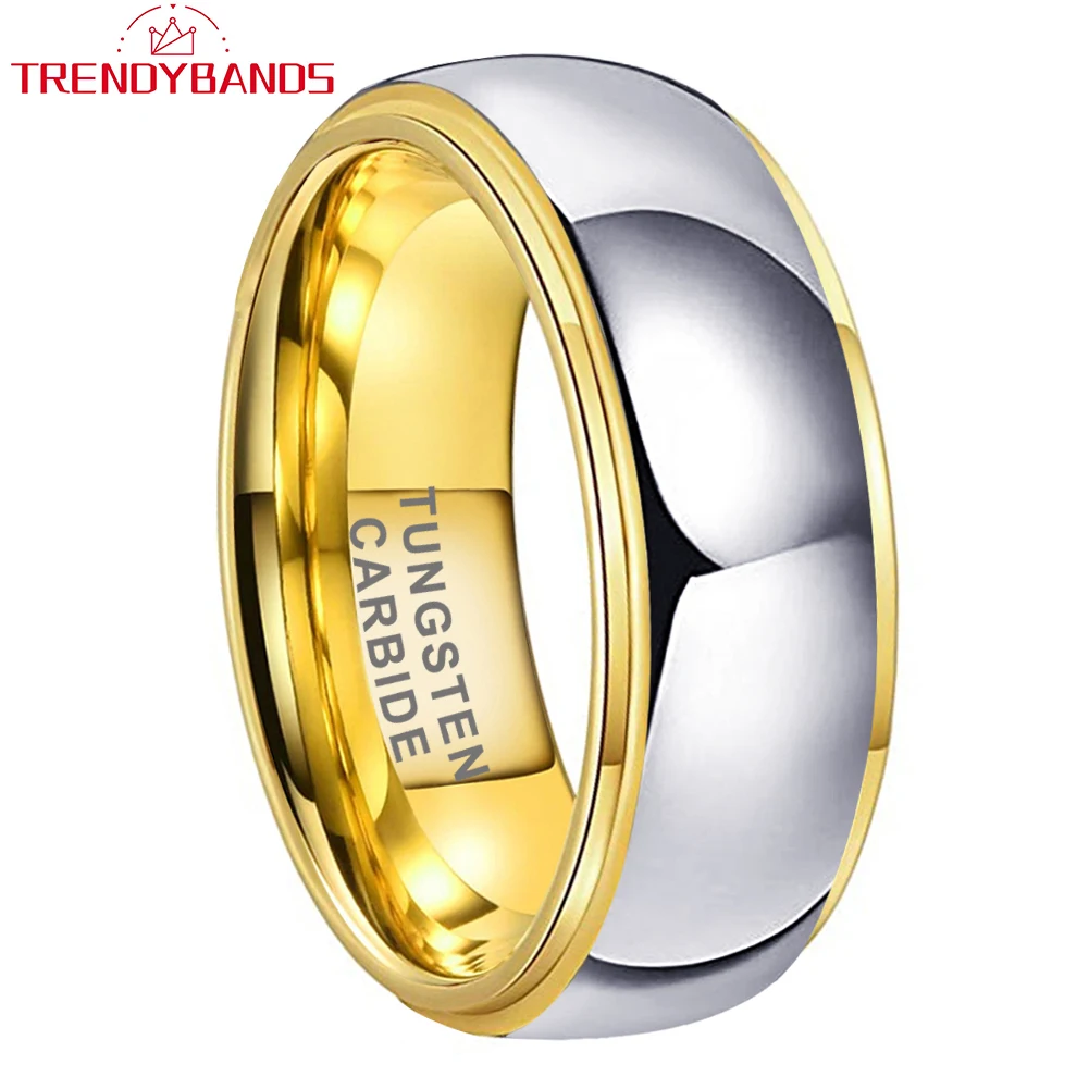 

6mm 8mm Gold Tungsten Carbide Engagement Rings For Women Men Wedding Band Stepped Edges High Polished Shiny Comfort Fit