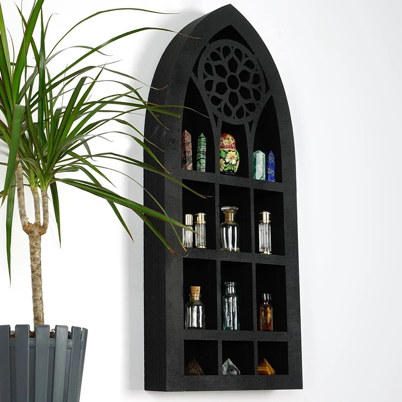 

Crystal Display Shelf Moon Shelf Old Church Window Decor Black Cabinet For Living Room Creative Cupboard Perfume Display Rack