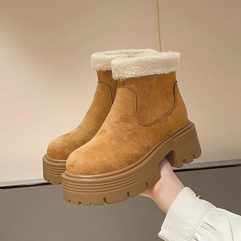 STRONGSHEN Winter Women Snow Boots Casual Heel Plush Warm Shoes Suede Fur Chelsea Ankle Boots Platform Ladies Shoes Botas Mujer