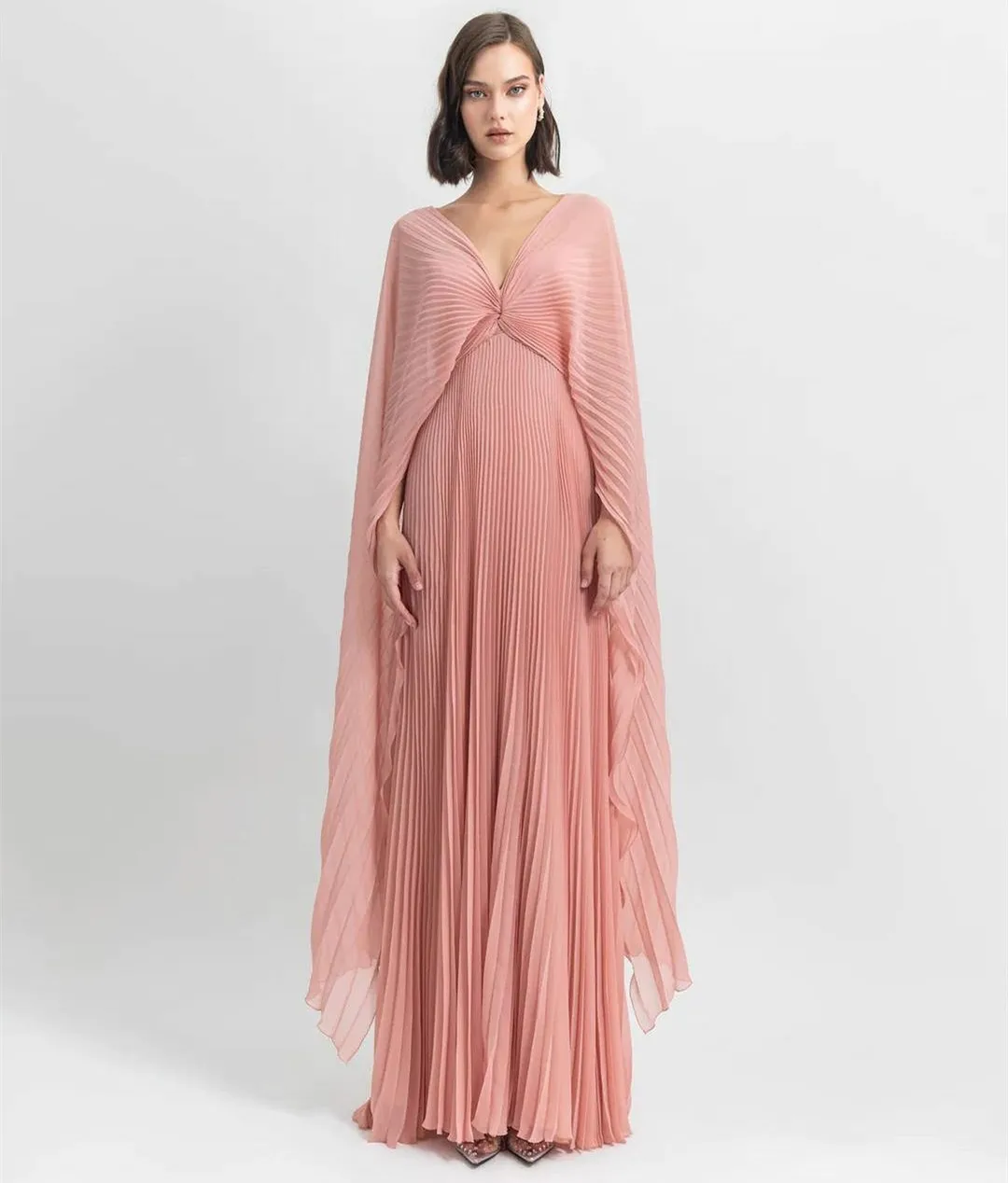 

Женское шифоновое вечернее платье, Элегантное Длинное розовое платье-трапеция с V-образным вырезом, плиссированное платье до пола на молнии сзади, бальное платье для выпускного вечера