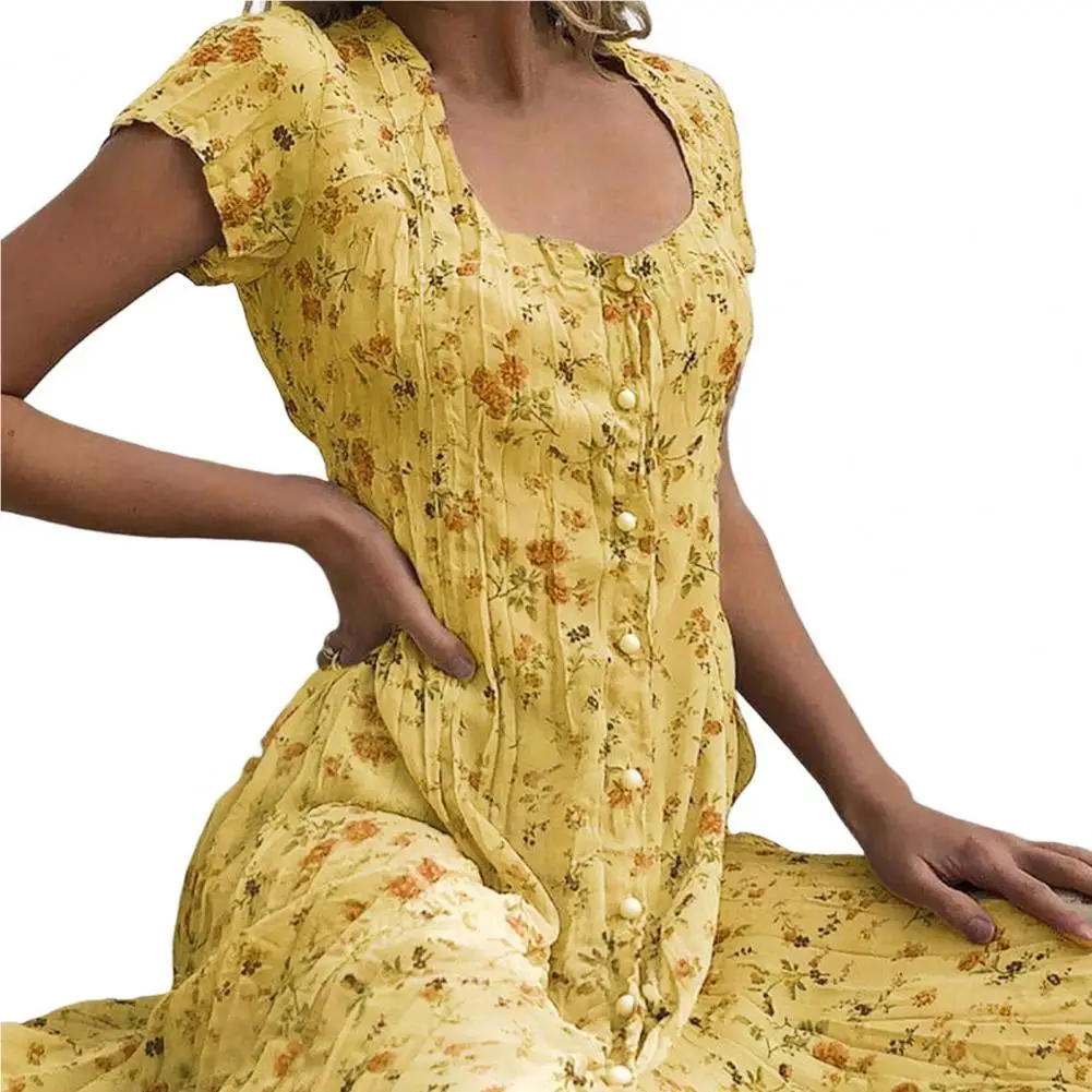 

Scoop Neck Single Breasted Large Hem Maxi Dress Elegant Floral Print Short Sleeve Dress Female Elegant Party Dress Summer