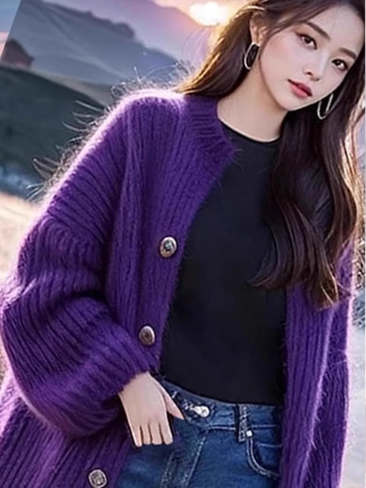 Темно-фиолетовый топ вязаный кардиган осень и зима 2024 мягкий клейкий свободный