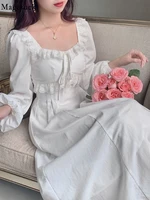 elegant vintage fairy princess white lace dress woman french retro square collar designer slim dress 2022 autumn clothes 20228